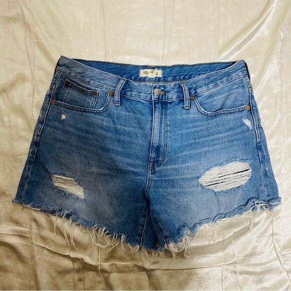 Madewell Women's Relaxed Mid-Length Denim Shorts Blue Size 32 Distressed - Picture 1 of 9